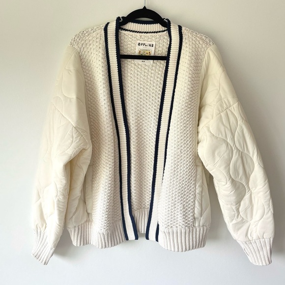 Offline by Aerie Quilted Knit Cardigan Puffer Cream Navy Oversized Sweater Cozy - Picture 4 of 12